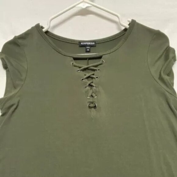 Express Dress Ladies XS Olive Green Lace Front Short Sleeve Knit Pullover EUC - Picture 12 of 12
